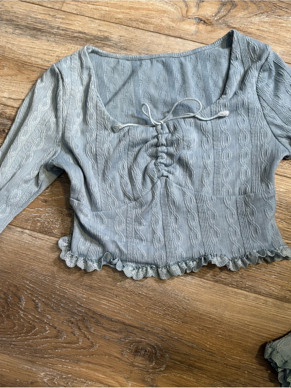 Edikted Light blue Ruched Cable-Knit Crop Top women’s small ruffle lace trim